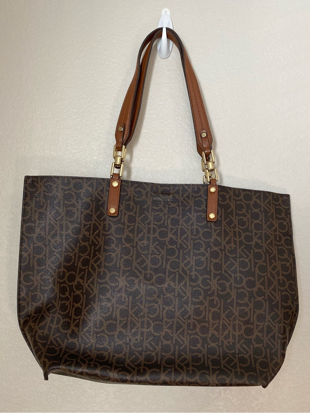 Calvin Klein Signature Large East West Tote Brown/Tan Gold Hardware Purse